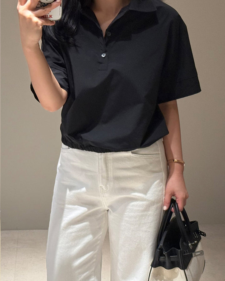 Crisp Cotton Elastic Hem Polo Blouse
