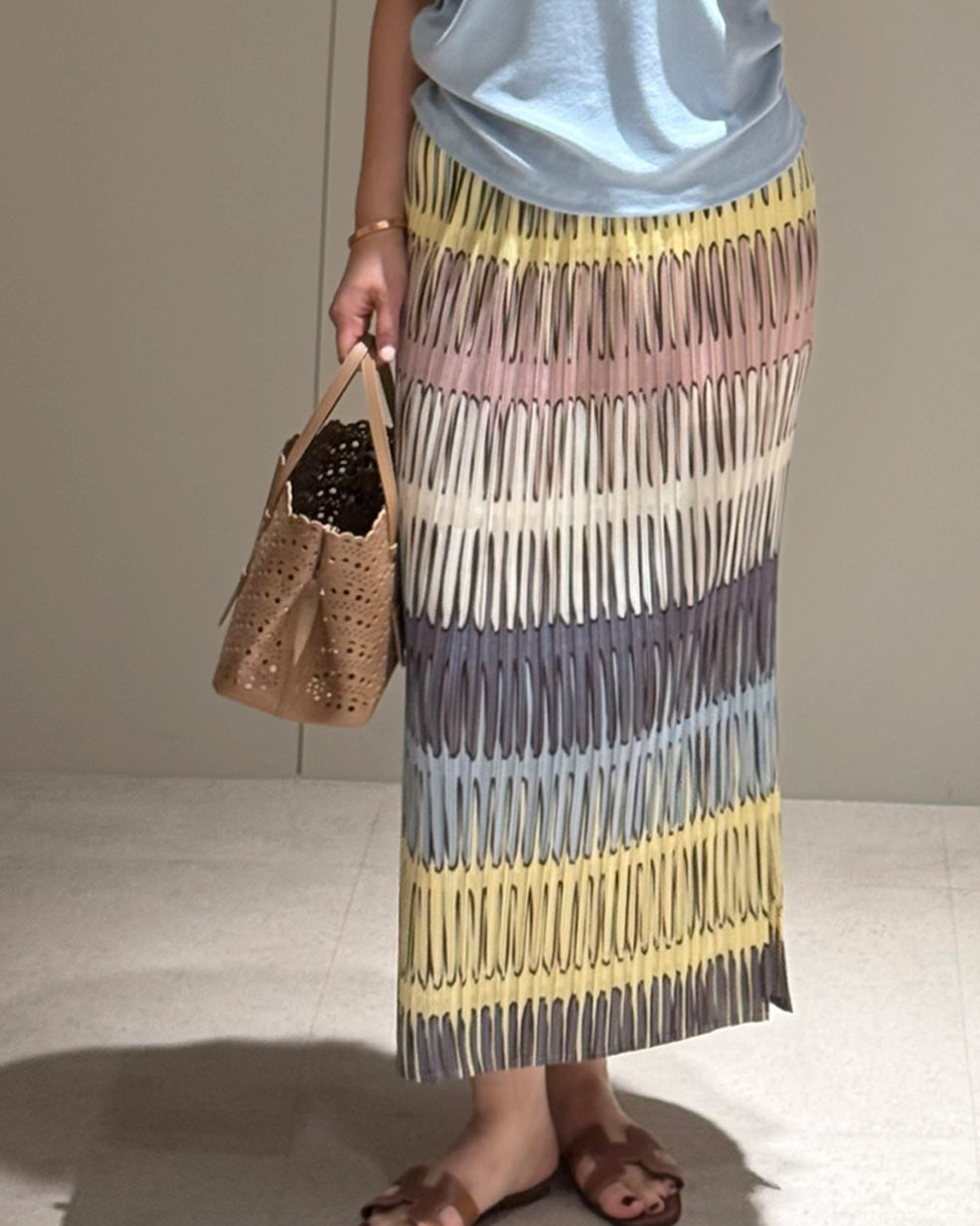 Colorblock Pleated Straight Maxi Skirt