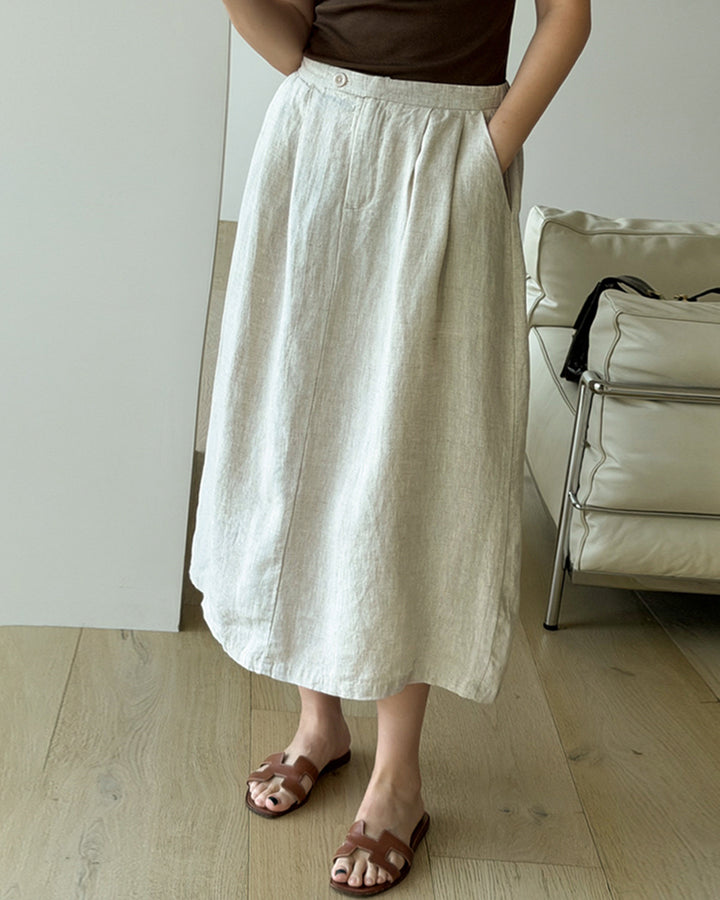 Natural Linen Tuck Midi Skirt