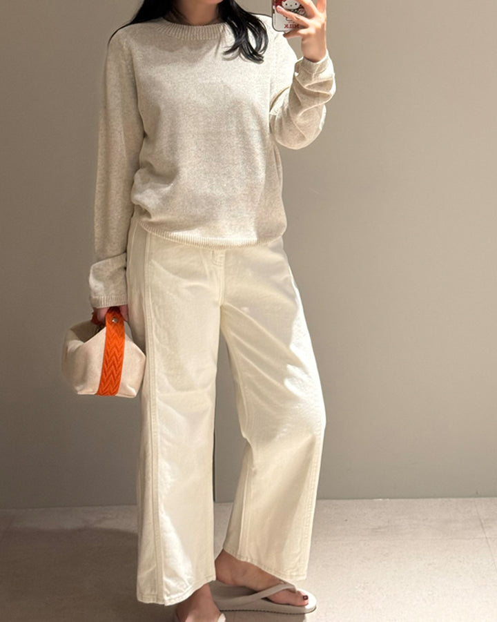 High-Waisted Wide Leg Cream Jeans