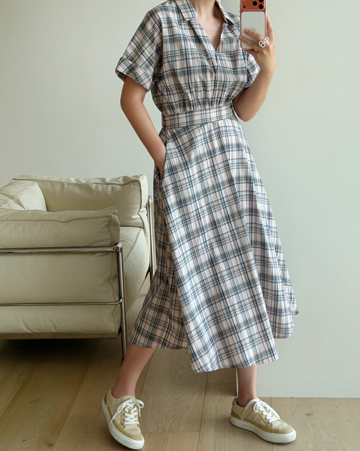 Plaid Short Sleeve Shirt Midi Dress