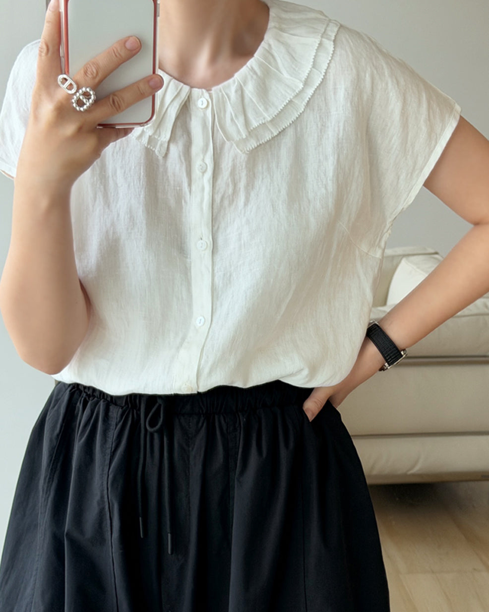 100% Pure Linen Ruffle Collar Blouse