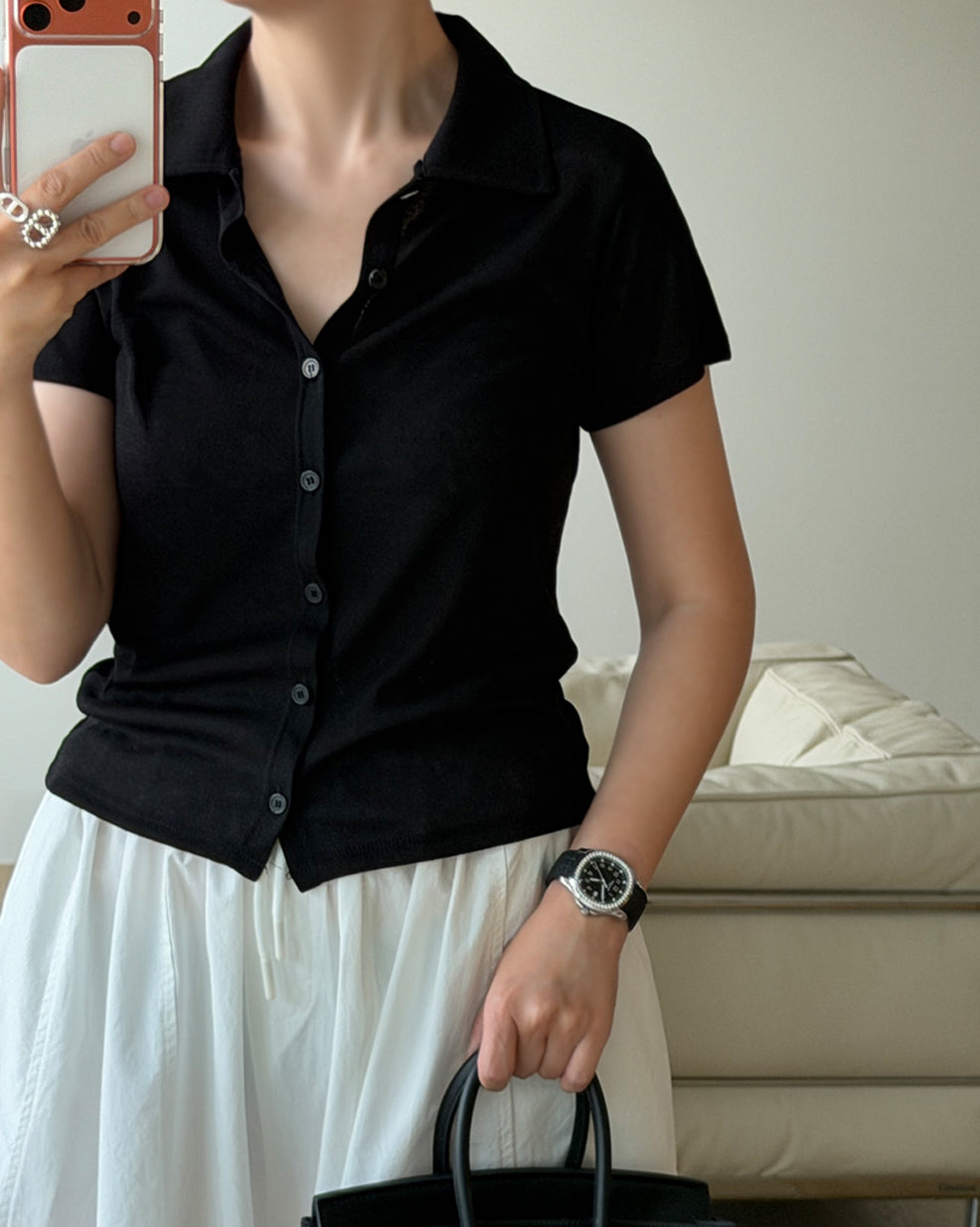 Slim Fit Button-Up Knit Polo Shirt
