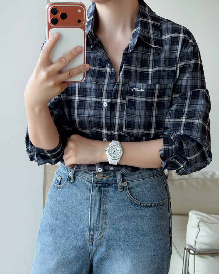 Embroidered Pocket Plaid Button-Down Shirt