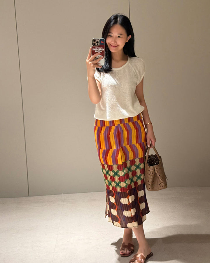 Abstract Pattern Pleated Long Skirt