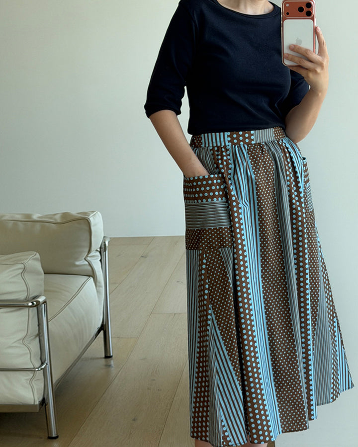 Dot Stripe Patchwork A-Line Midi Skirt