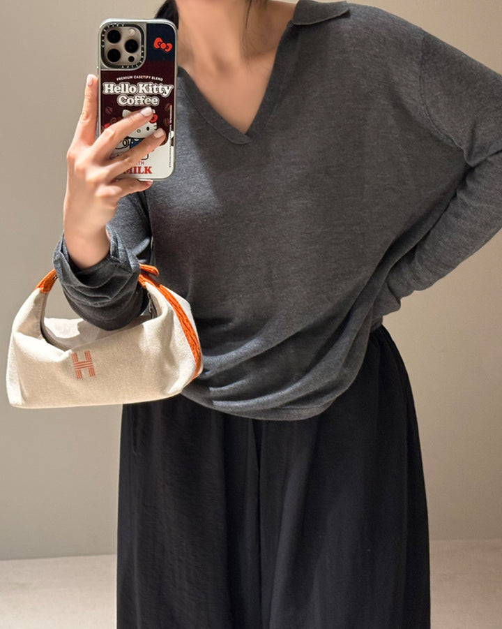 V-Neck Open Collar Knit Top