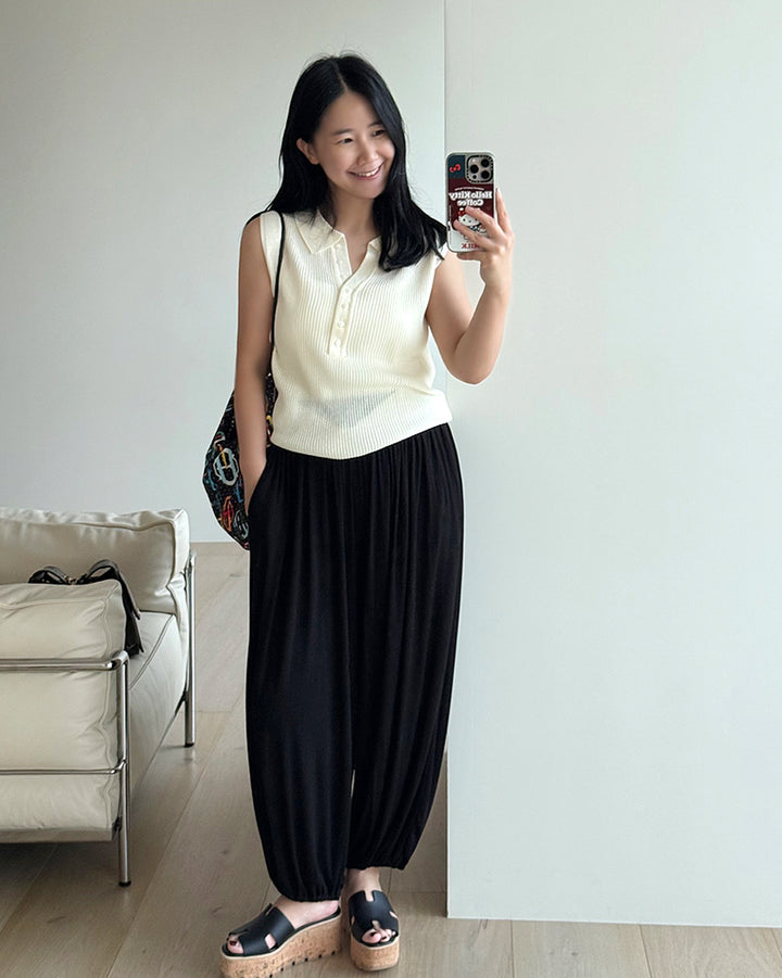 Ribbed Collared Sleeveless Knit Tank