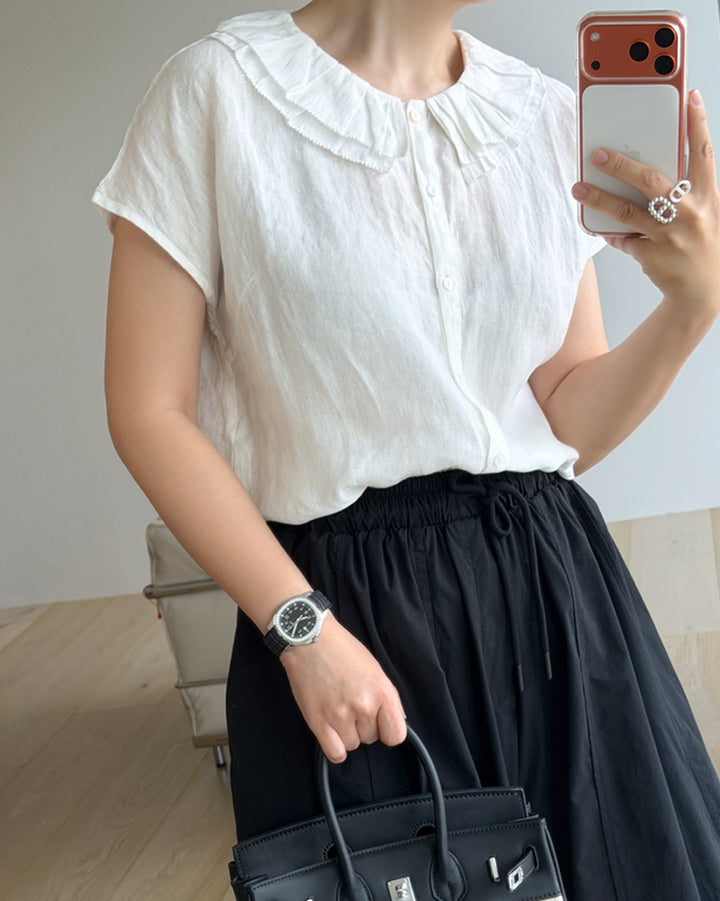 100% Pure Linen Ruffle Collar Blouse