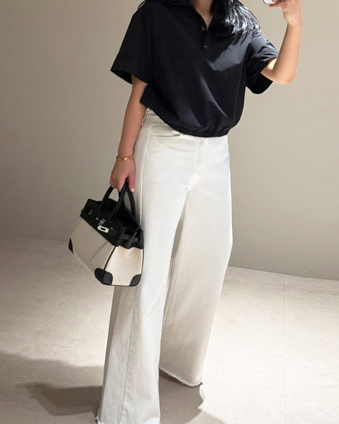 Crisp Cotton Elastic Hem Polo Blouse