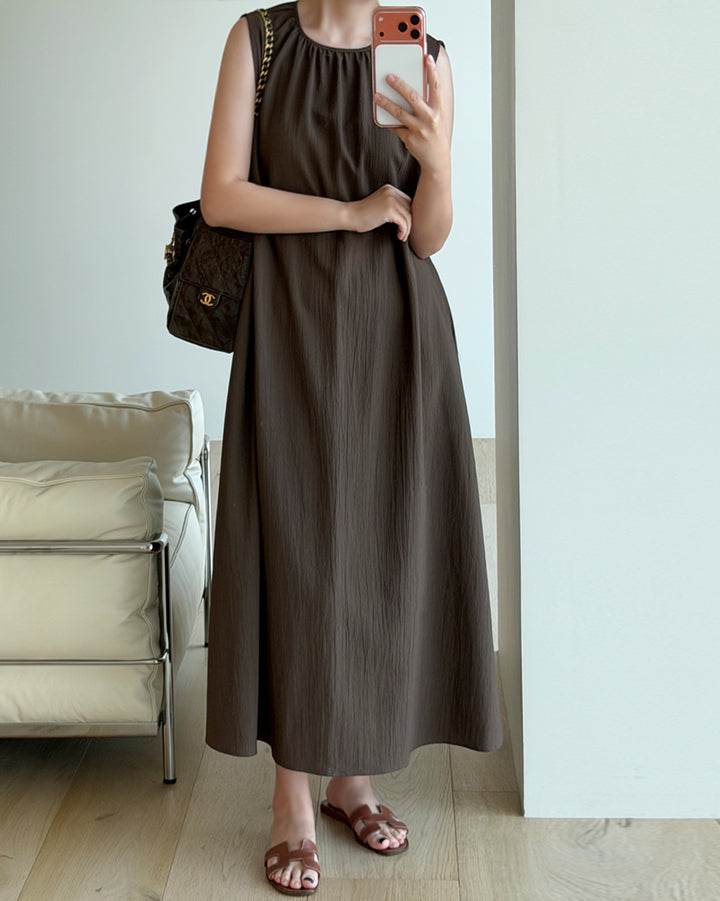 Gathered Neck Textured Long Dress