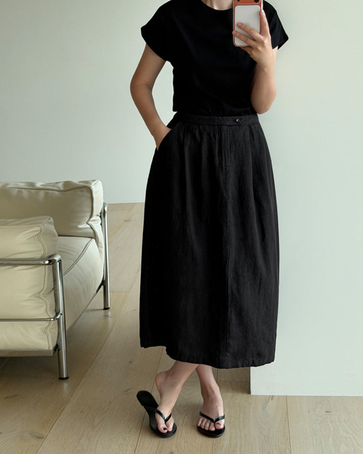Natural Linen Tuck Midi Skirt