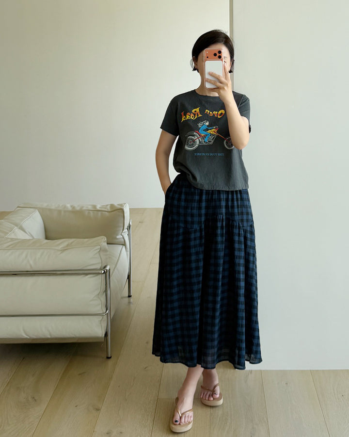 Gingham Tiered Elastic Waist Maxi Skirt