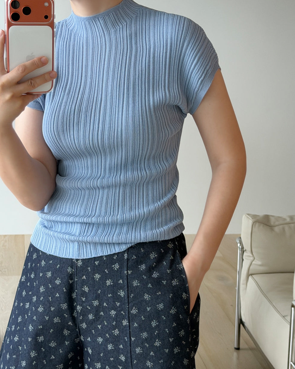 Cap-Sleeve Ribbed Knit Tee