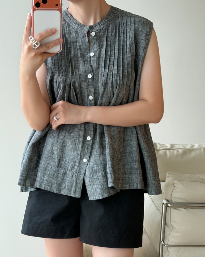 Pure Linen Pintuck Sleeveless Blouse