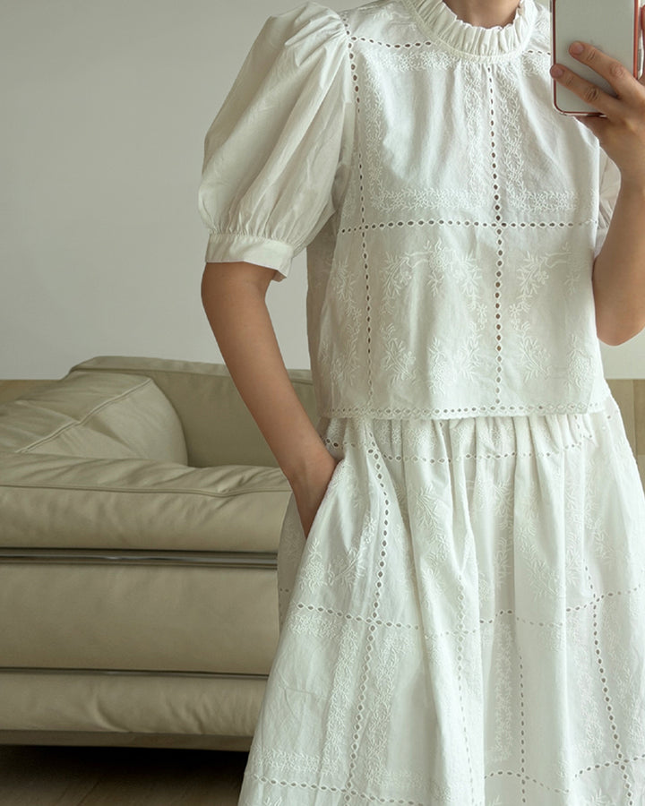 Floral Eyelet Embroidered Puff Sleeve Blouse