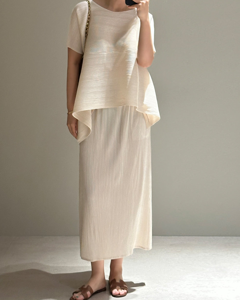 Asymmetric Pleated Top and Maxi Skirt Set
