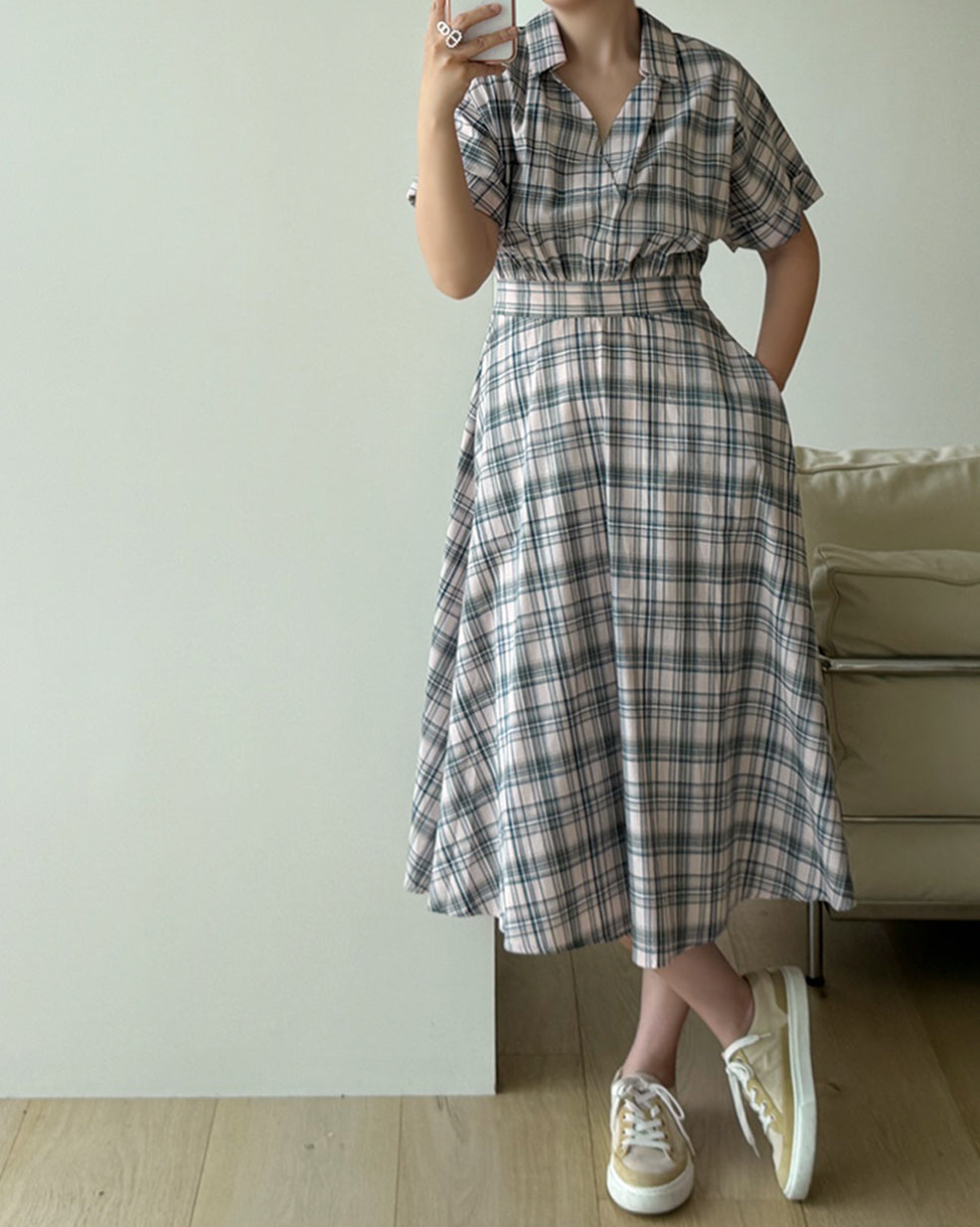 Plaid Short Sleeve Shirt Midi Dress