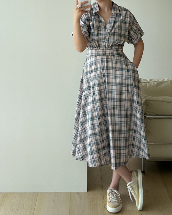 Plaid Short Sleeve Shirt Midi Dress