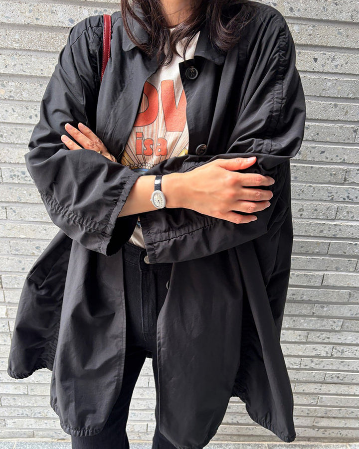Lightweight Shirred Trench Coat with Stand Collar