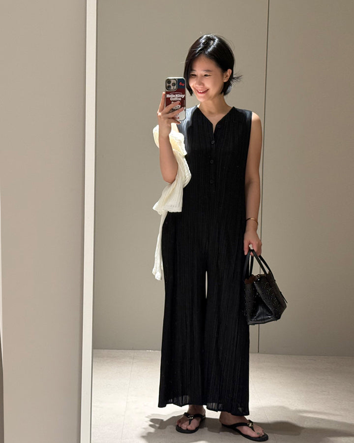 Pleated Sleeveless Wide-Leg Jumpsuit