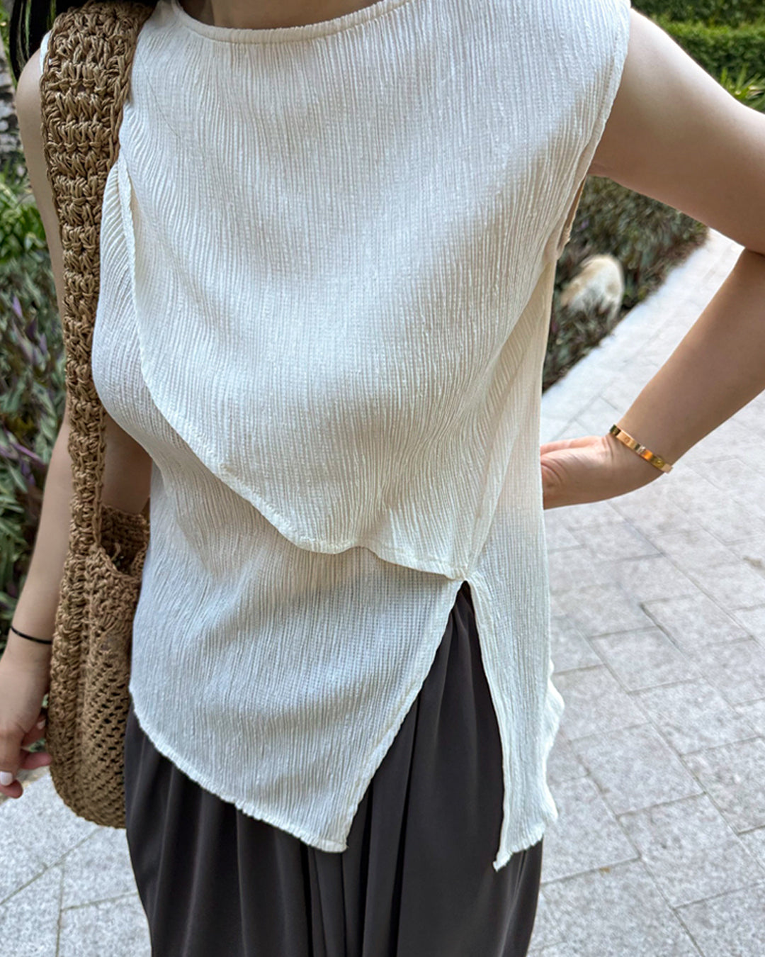 Asymmetric Layered Plisse Sleeveless Top