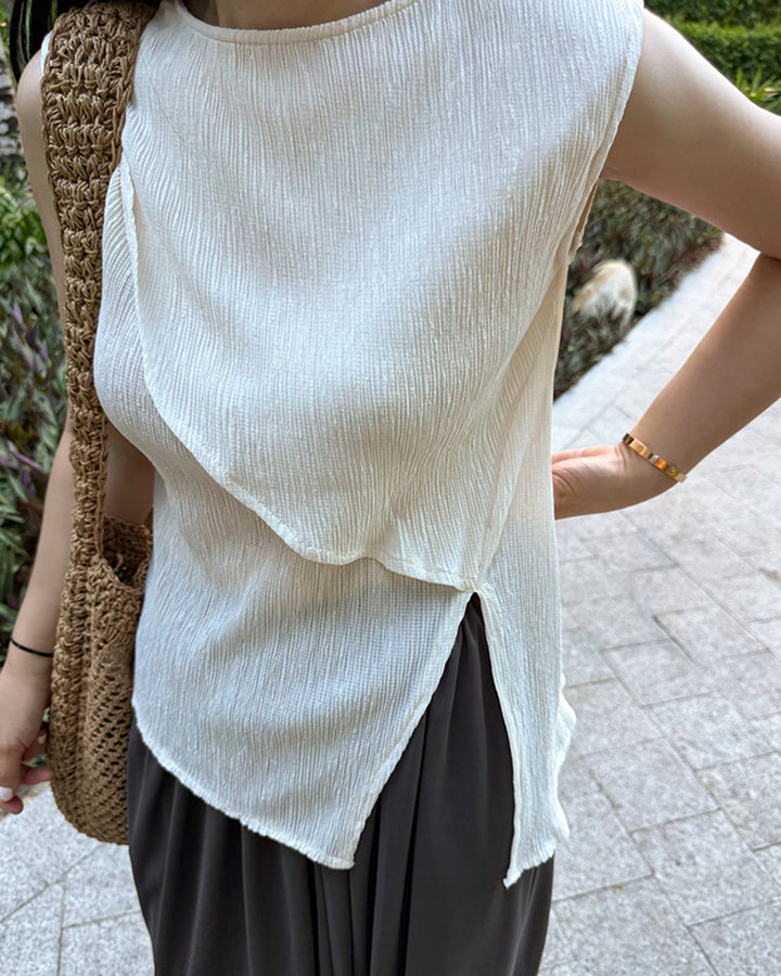 Asymmetric Layered Plisse Sleeveless Top
