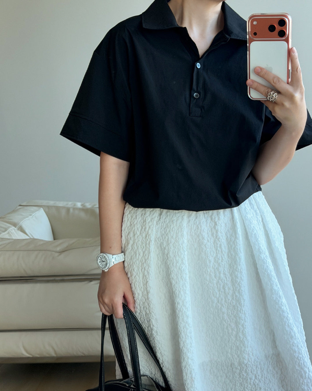 Crisp Cotton Elastic Hem Polo Blouse