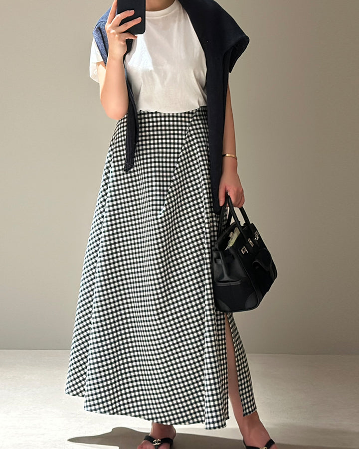 Gingham Check Side-Slit Maxi Skirt
