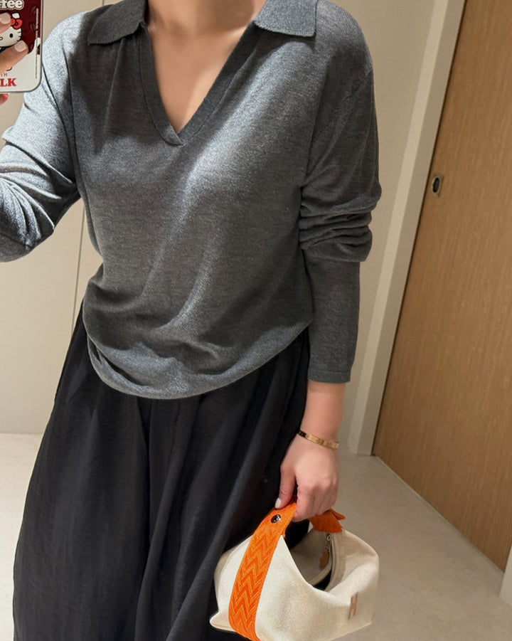 V-Neck Open Collar Knit Top