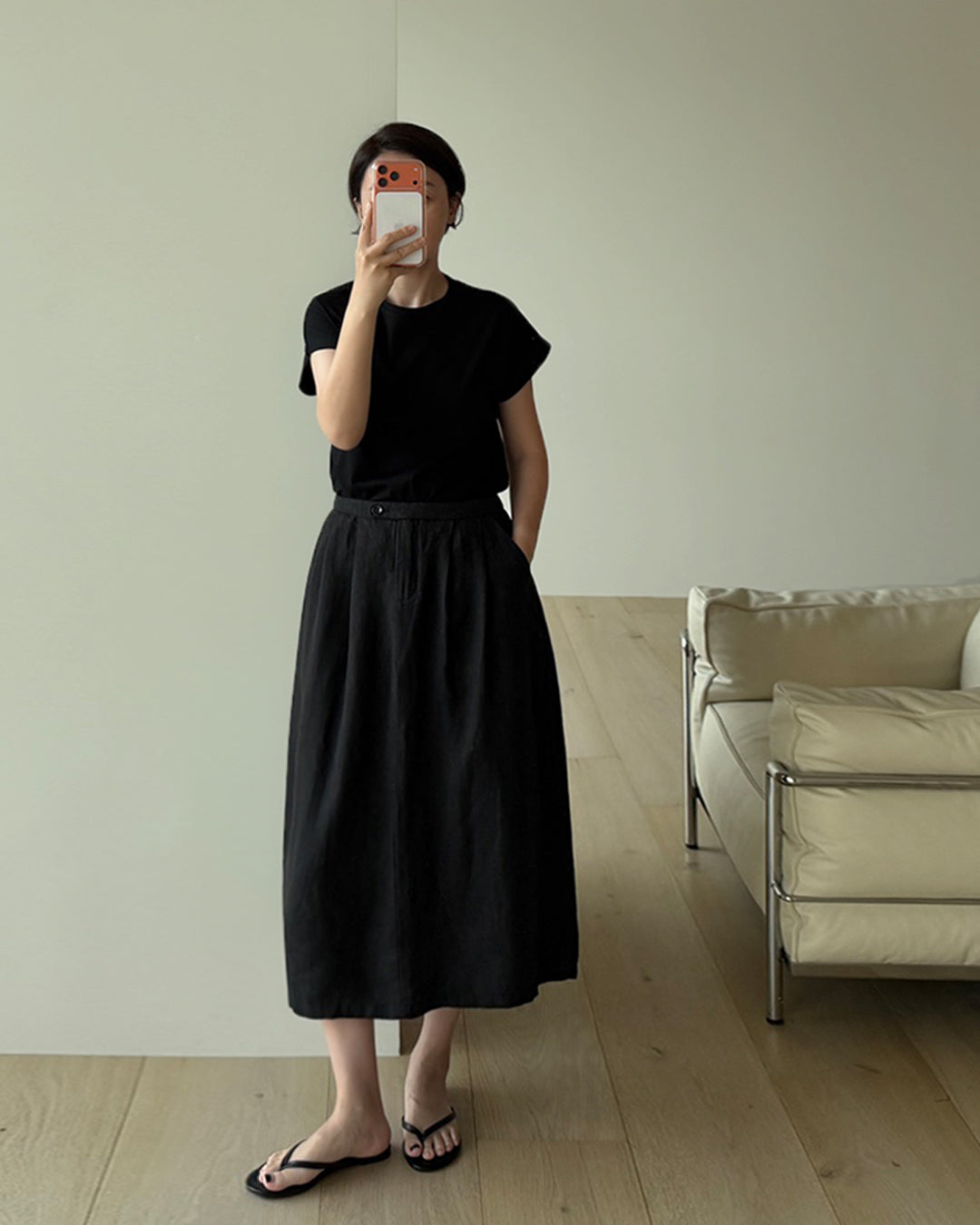 Natural Linen Tuck Midi Skirt