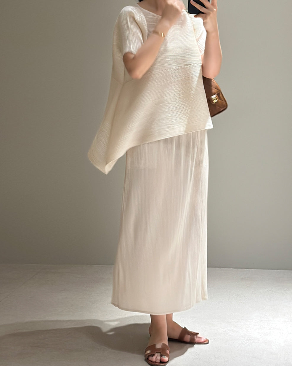 Asymmetric Pleated Top and Maxi Skirt Set