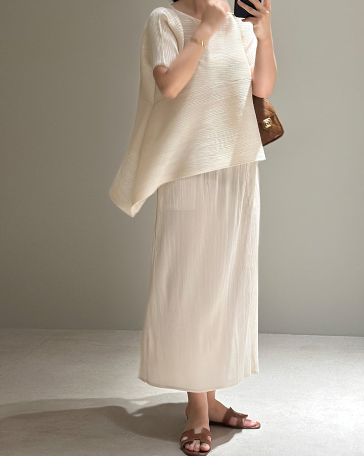 Asymmetric Pleated Top and Maxi Skirt Set