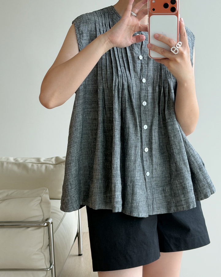 Pure Linen Pintuck Sleeveless Blouse