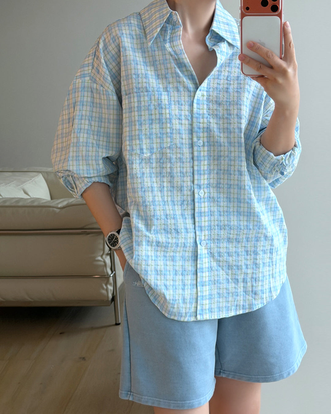Oversized Pastel Plaid Button-Up Shirt