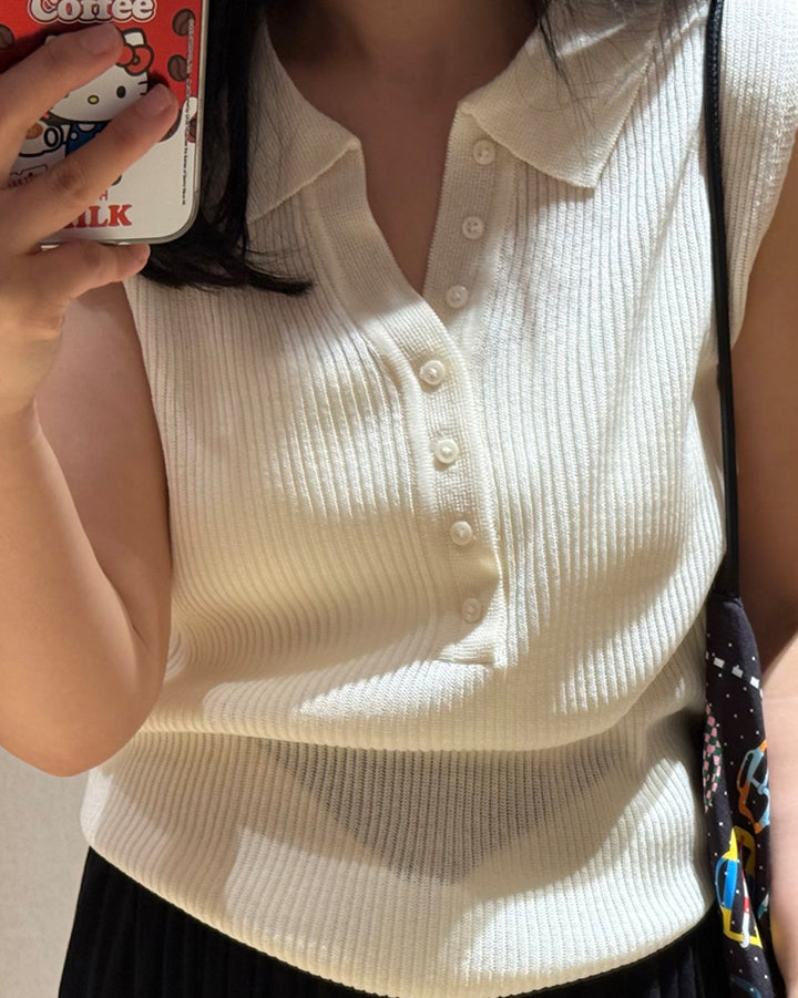 Ribbed Collared Sleeveless Knit Tank