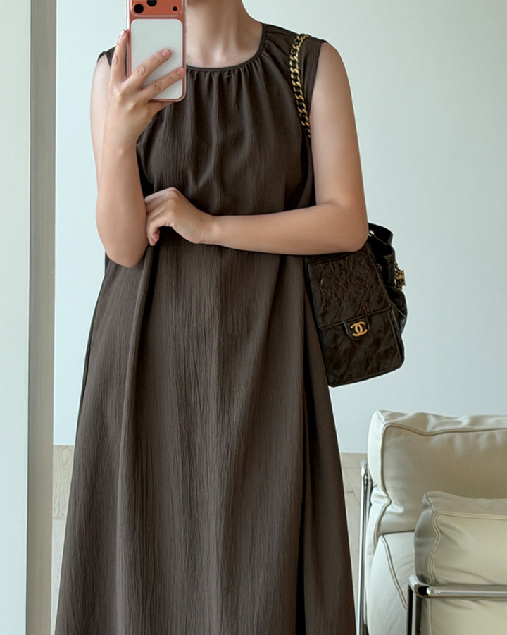 Gathered Neck Textured Long Dress