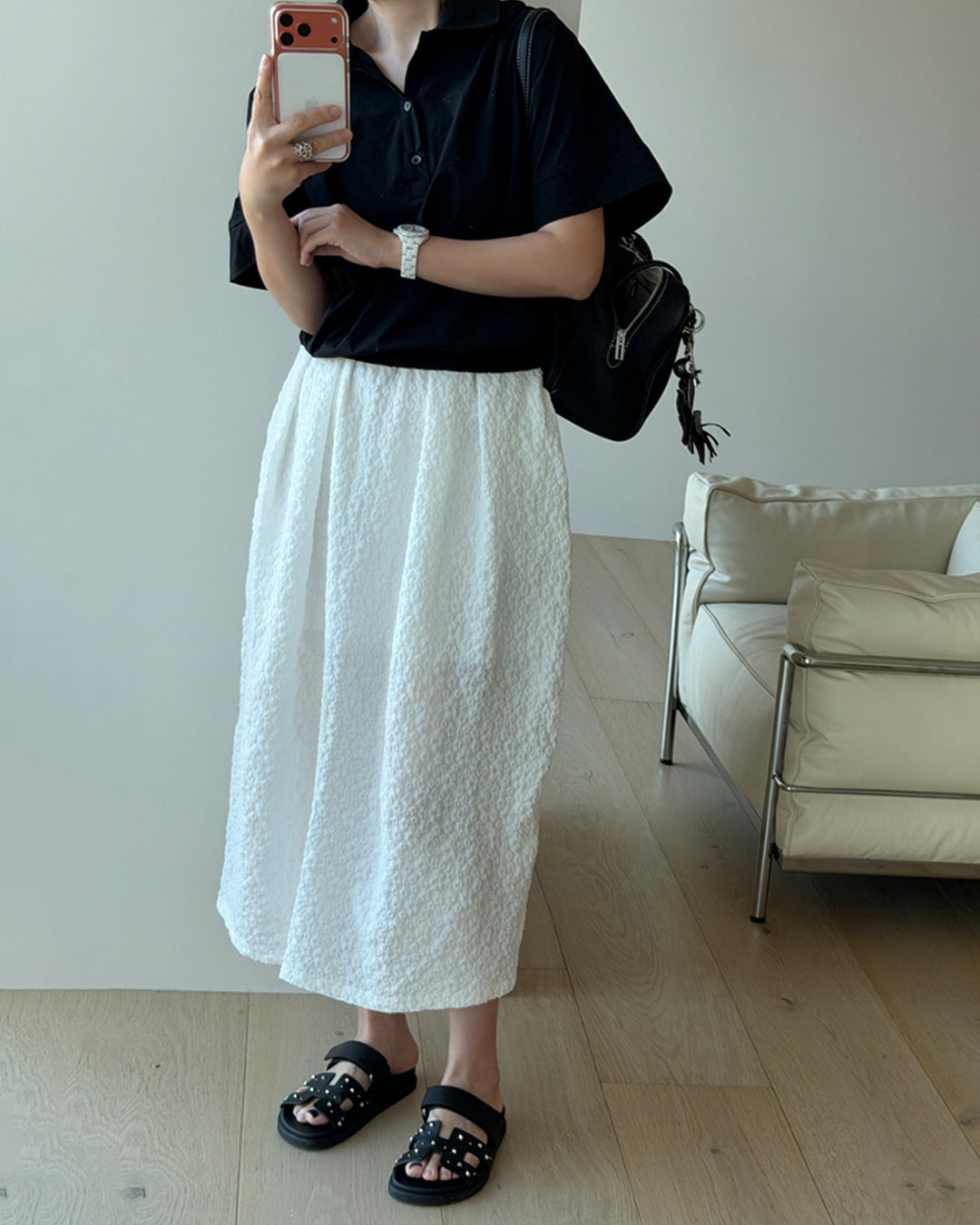 Crisp Cotton Elastic Hem Polo Blouse