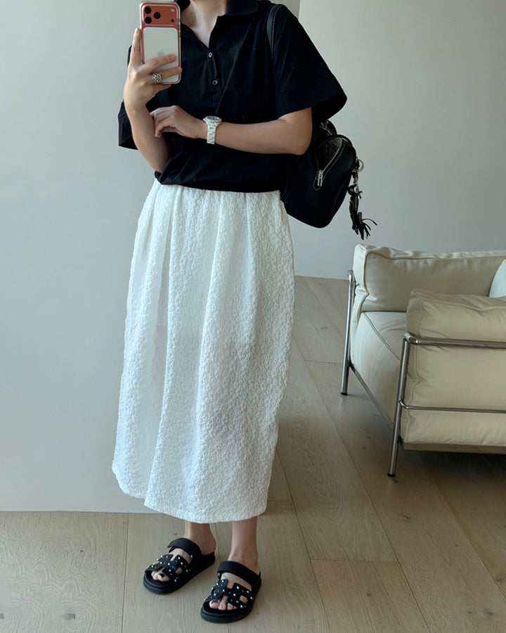 Crisp Cotton Elastic Hem Polo Blouse