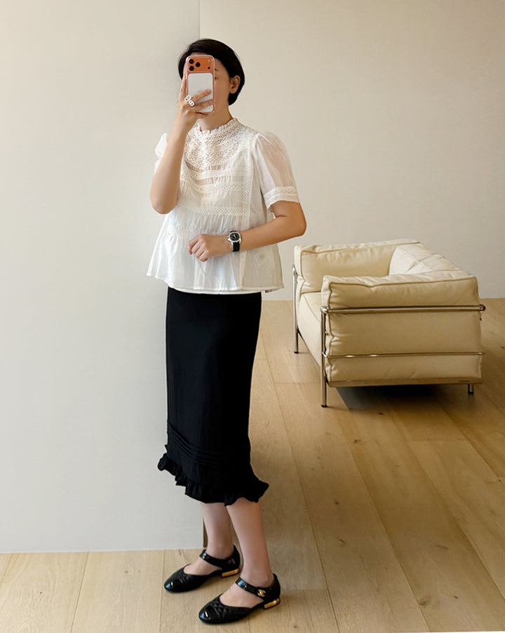 Romantic Mock Neck Lace Insert Blouse