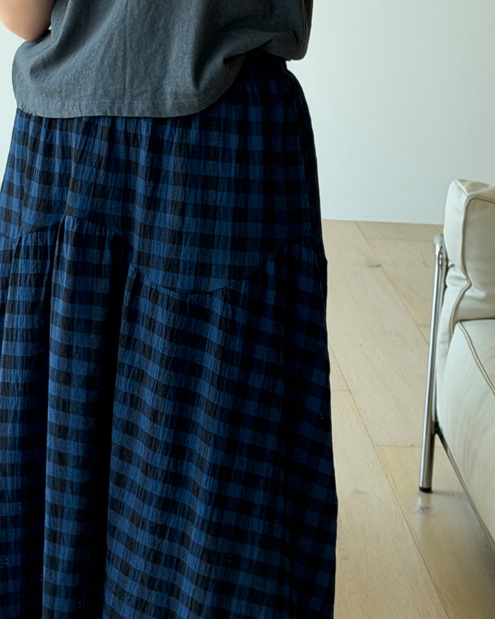 Gingham Tiered Elastic Waist Maxi Skirt