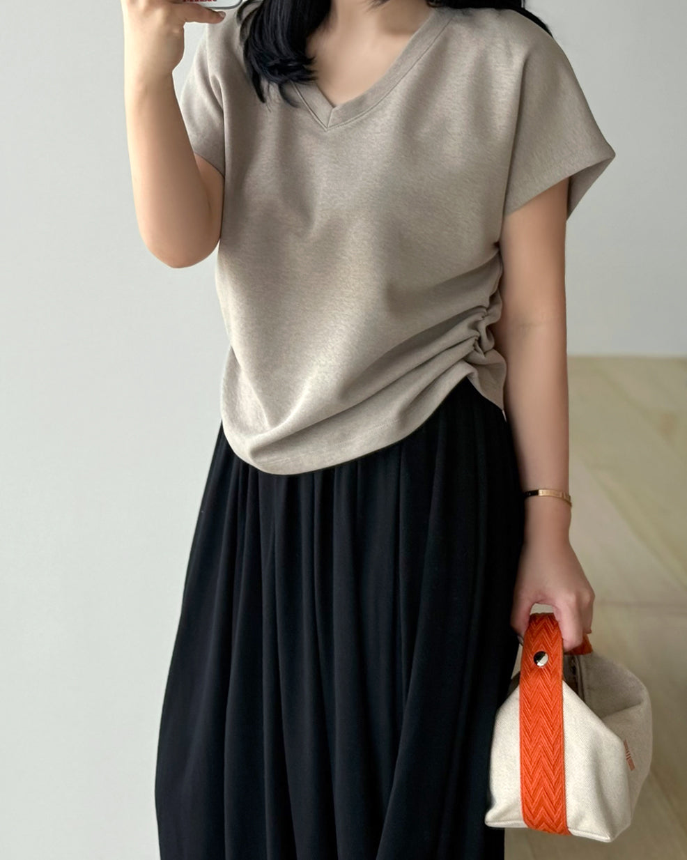 Side Ruched V-Neck Cap Sleeve Top