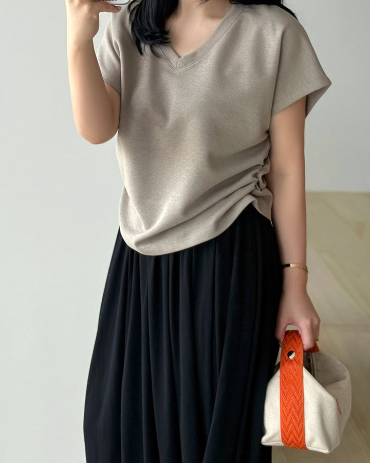 Side Ruched V-Neck Cap Sleeve Top