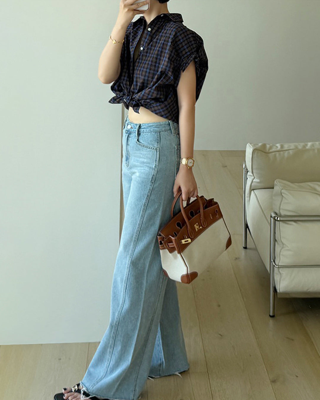 Plaid Rolled-Sleeve Cotton Shirt