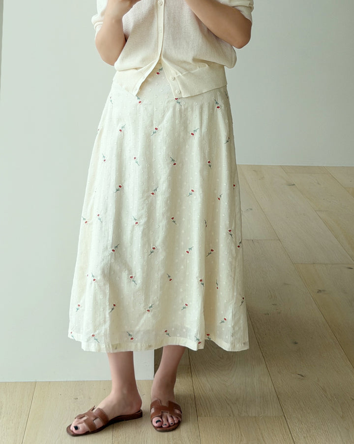 Vintage Floral Embroidered Plaid A-Line Long Skirt