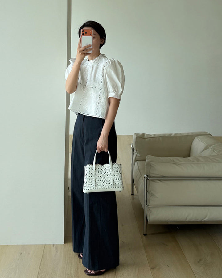 Floral Eyelet Embroidered Puff Sleeve Blouse