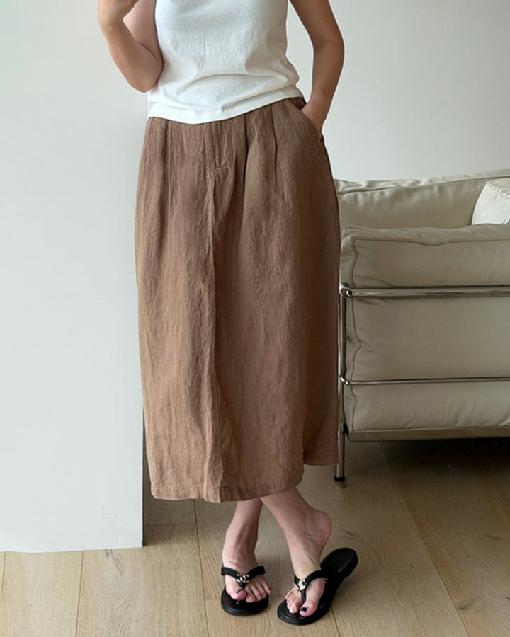 Natural Linen Tuck Midi Skirt