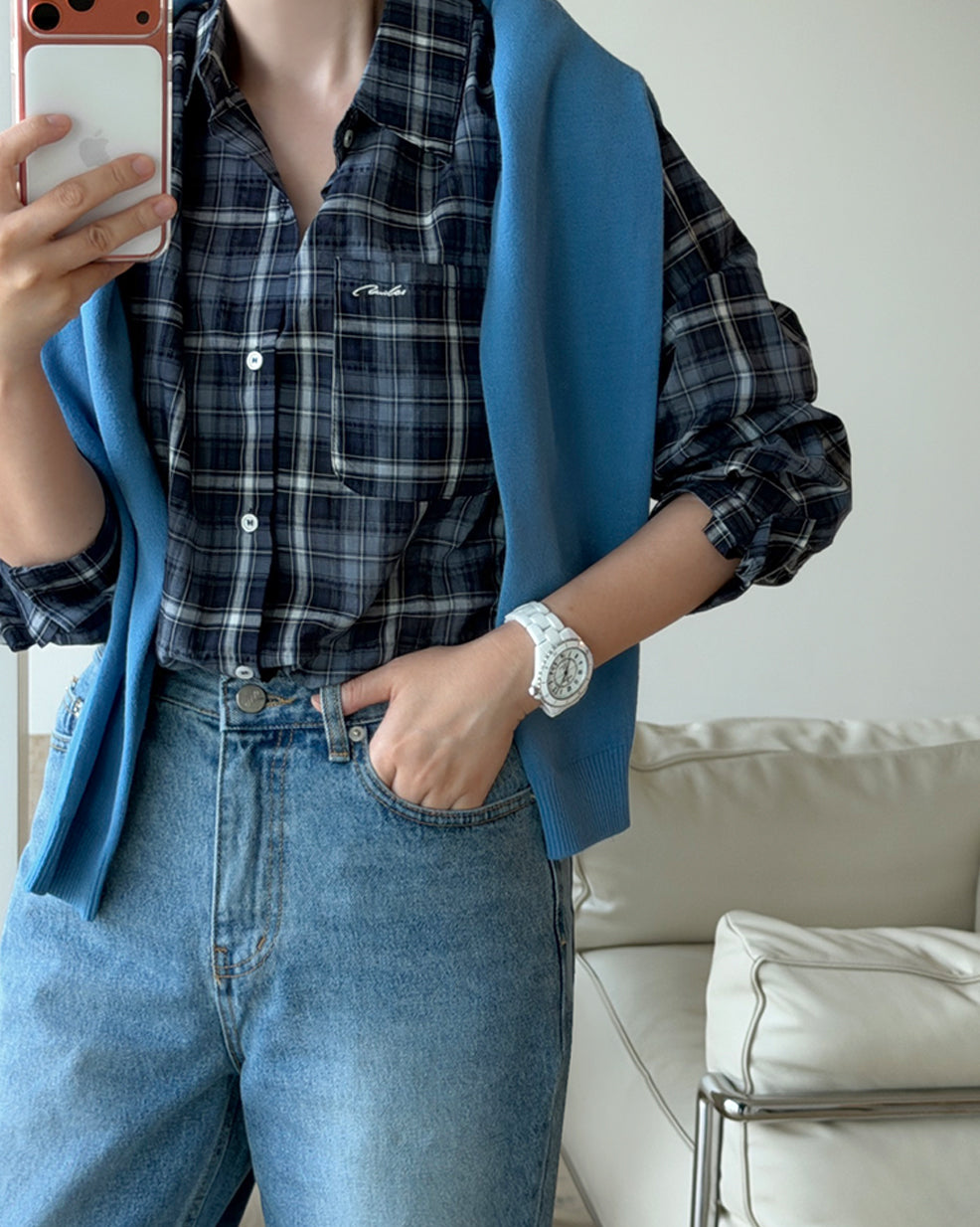 Embroidered Pocket Plaid Button-Down Shirt