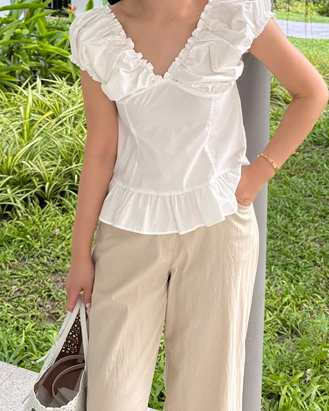 Cotton Ruffled Cap Sleeve Peplum Blouse