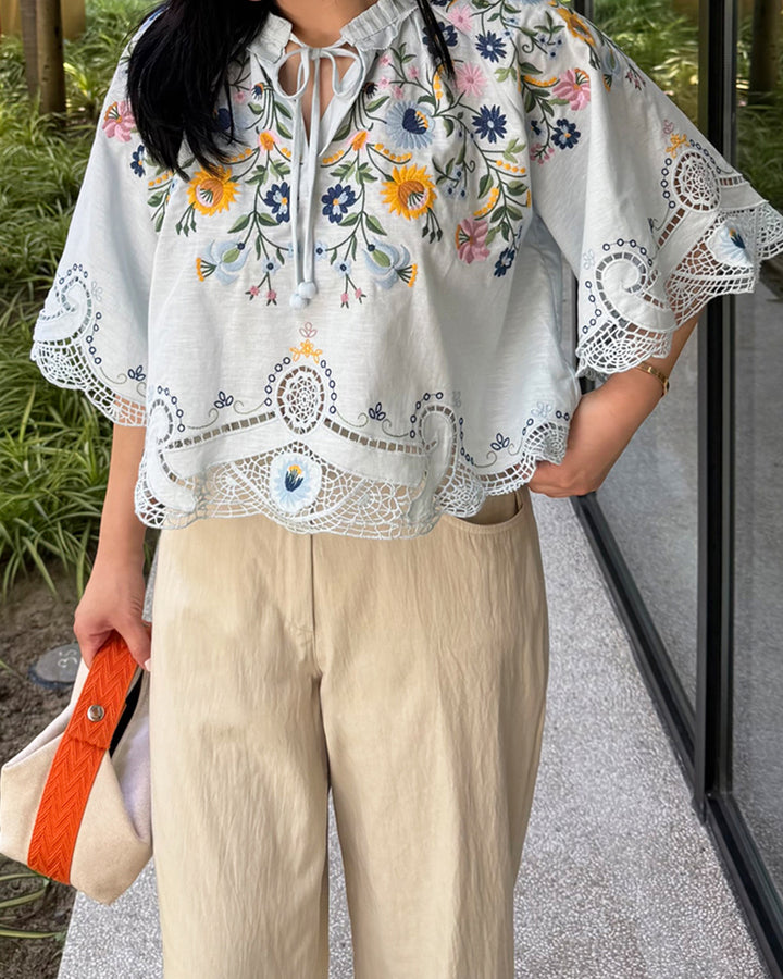 Botanical Embroidered Cutout Blouse